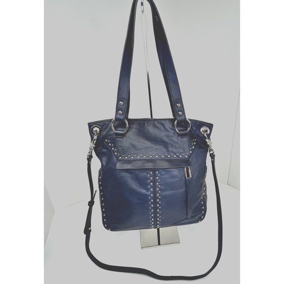 B Makowsky Leather Purse Blue Cross Body Shoulder Strap Silver Studs - Picture 1 of 11